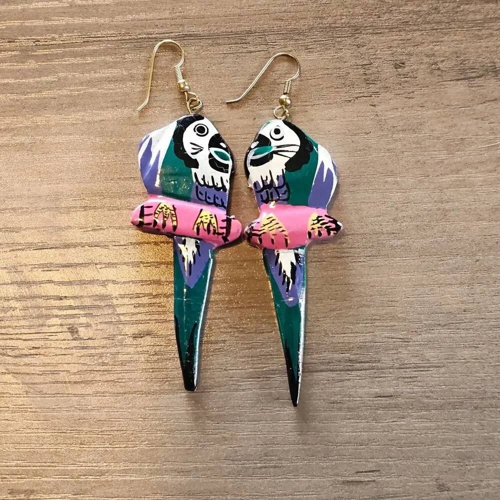 Vintage Green Wooden Tropical Parrot Dangle Earrings